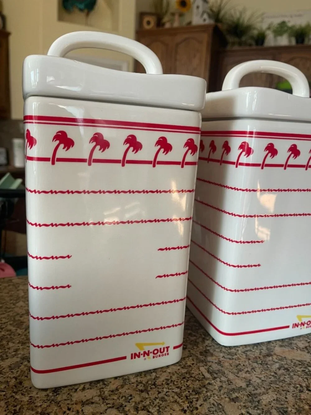 In-N-Out Burger Ceramic Canister Set of 4 With Lids Red White Palm Tree Design